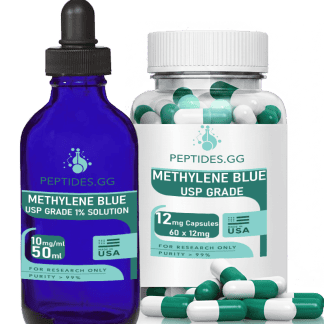 Methylene blue 1% solution dropper bottle and 12 mg capsules by Peptides.GG, featuring green and white capsules.