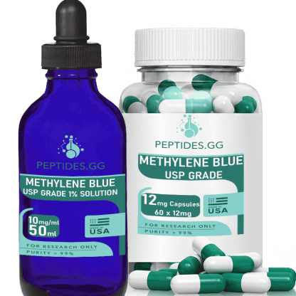 Methylene blue 1% solution dropper bottle and 12 mg capsules by Peptides.GG, featuring green and white capsules.