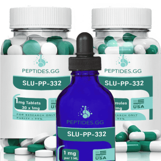 SLU-PP-332 supplement package featuring tablets and capsules in green and white packaging with dropper bottle.