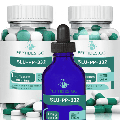 SLU-PP-332 supplement package featuring tablets and capsules in green and white packaging with dropper bottle.