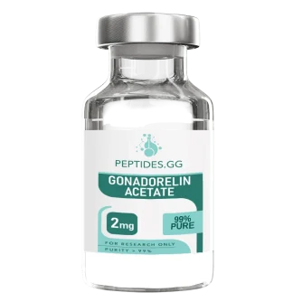 Gonadorelin acetate 2mg vial from Peptides.GG with clear label and research-only designation.