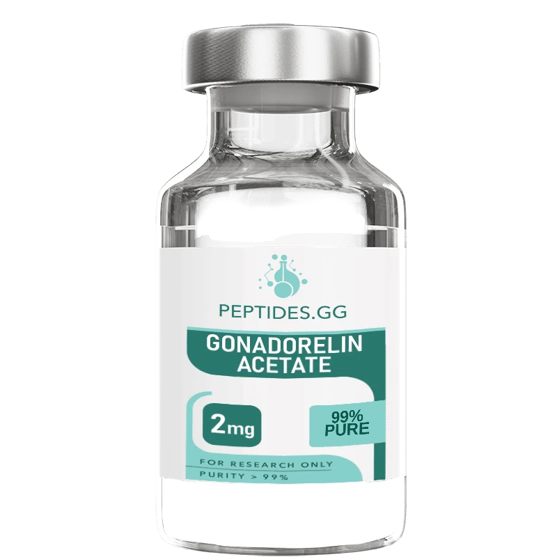 Gonadorelin acetate 2mg vial from Peptides.GG with clear label and research-only designation.