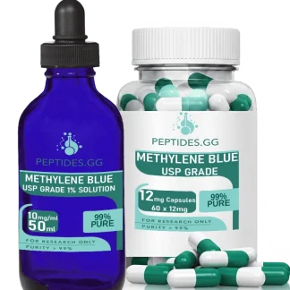 Methylene blue 1% solution dropper bottle and 12 mg capsules by Peptides.GG, featuring green and white capsules.