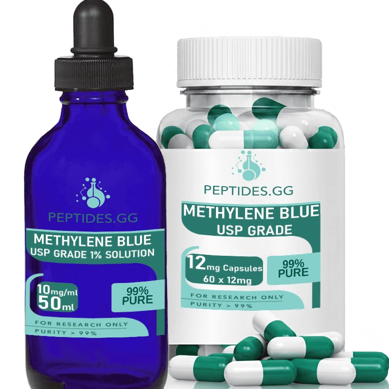 Methylene blue 1% solution dropper bottle and 12 mg capsules by Peptides.GG, featuring green and white capsules.