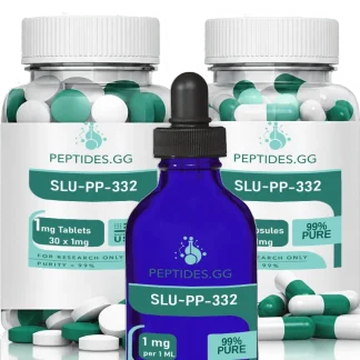 SLU-PP-332 supplement package featuring capsules in green and white packaging with dropper bottle.