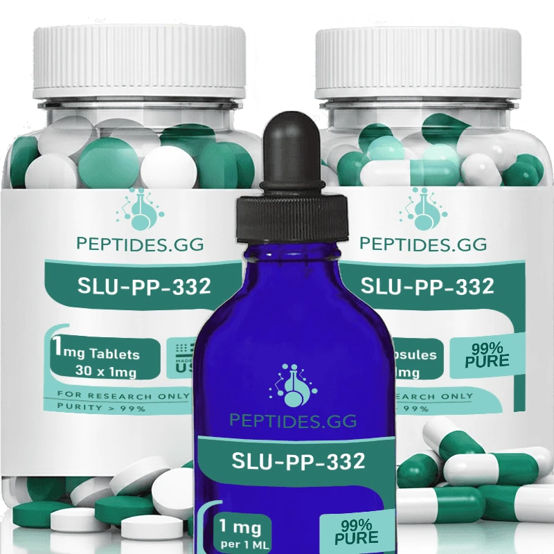 SLU-PP-332 supplement package featuring tablets and capsules in green and white packaging with dropper bottle.